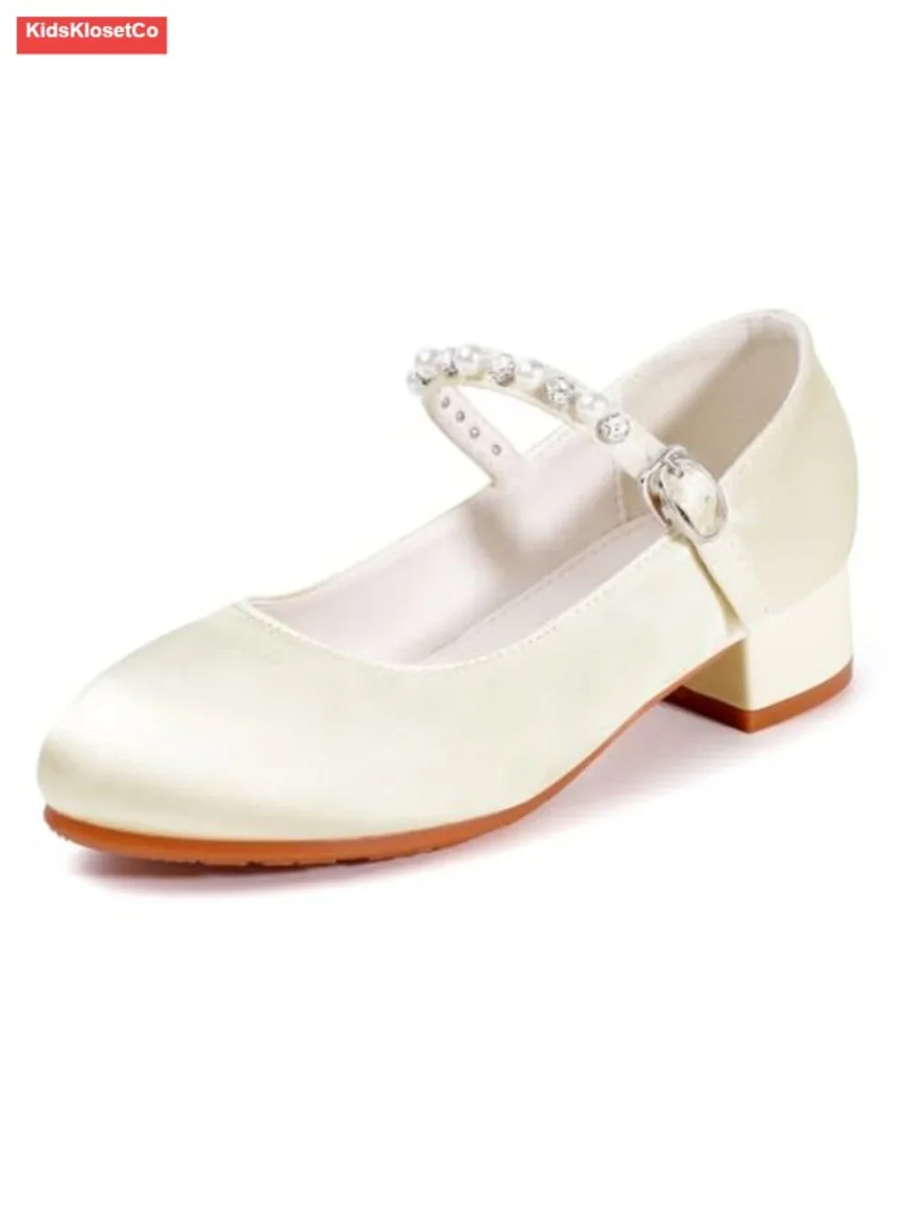 Pearl Rhinestone Princess Dress Shoes with Low Block Heel for Big Girls